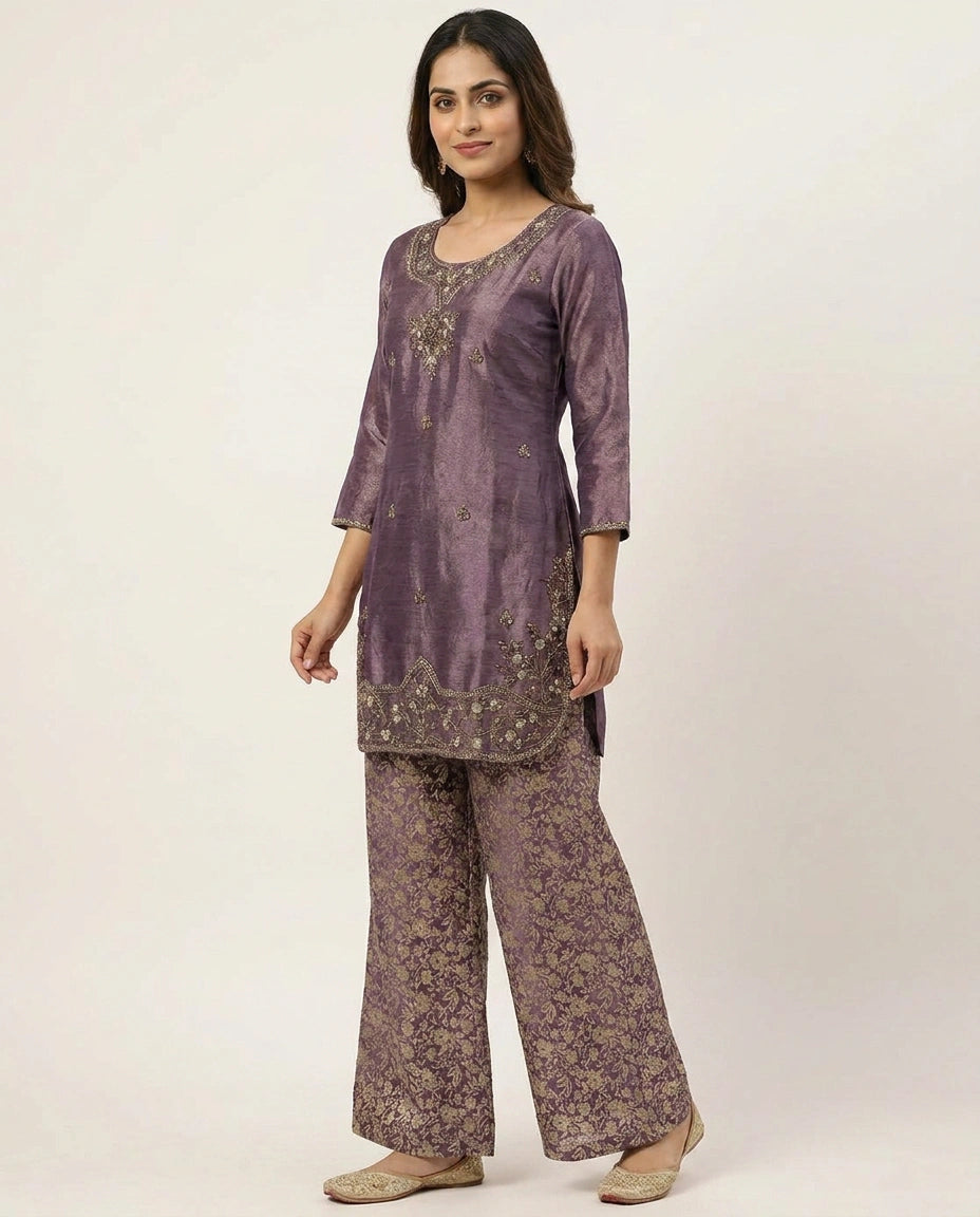 Mauve Tissue Palazzo Suit - Rangoli India