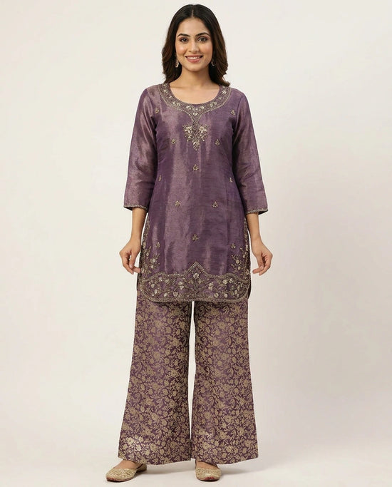 Mauve Tissue Palazzo Suit - Rangoli India