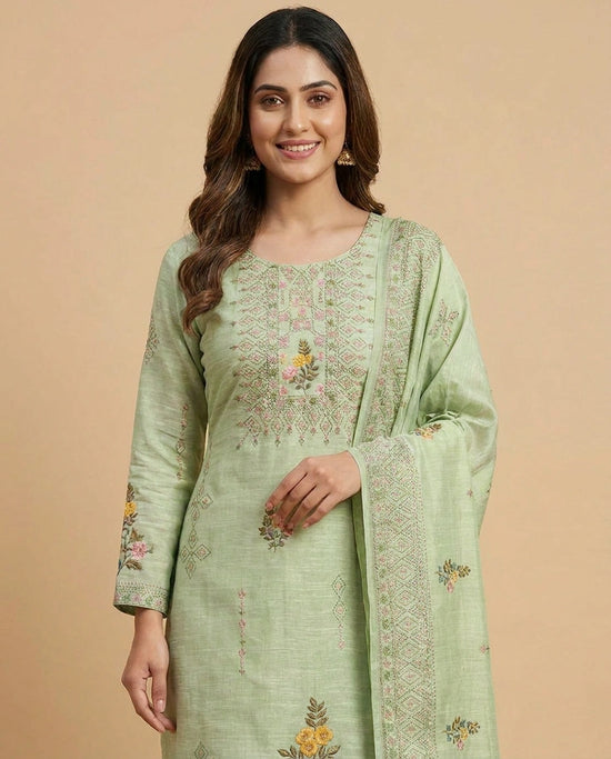 Embroidered Cotton Linen Straight Suit with Floral Motifs - Rangoli India