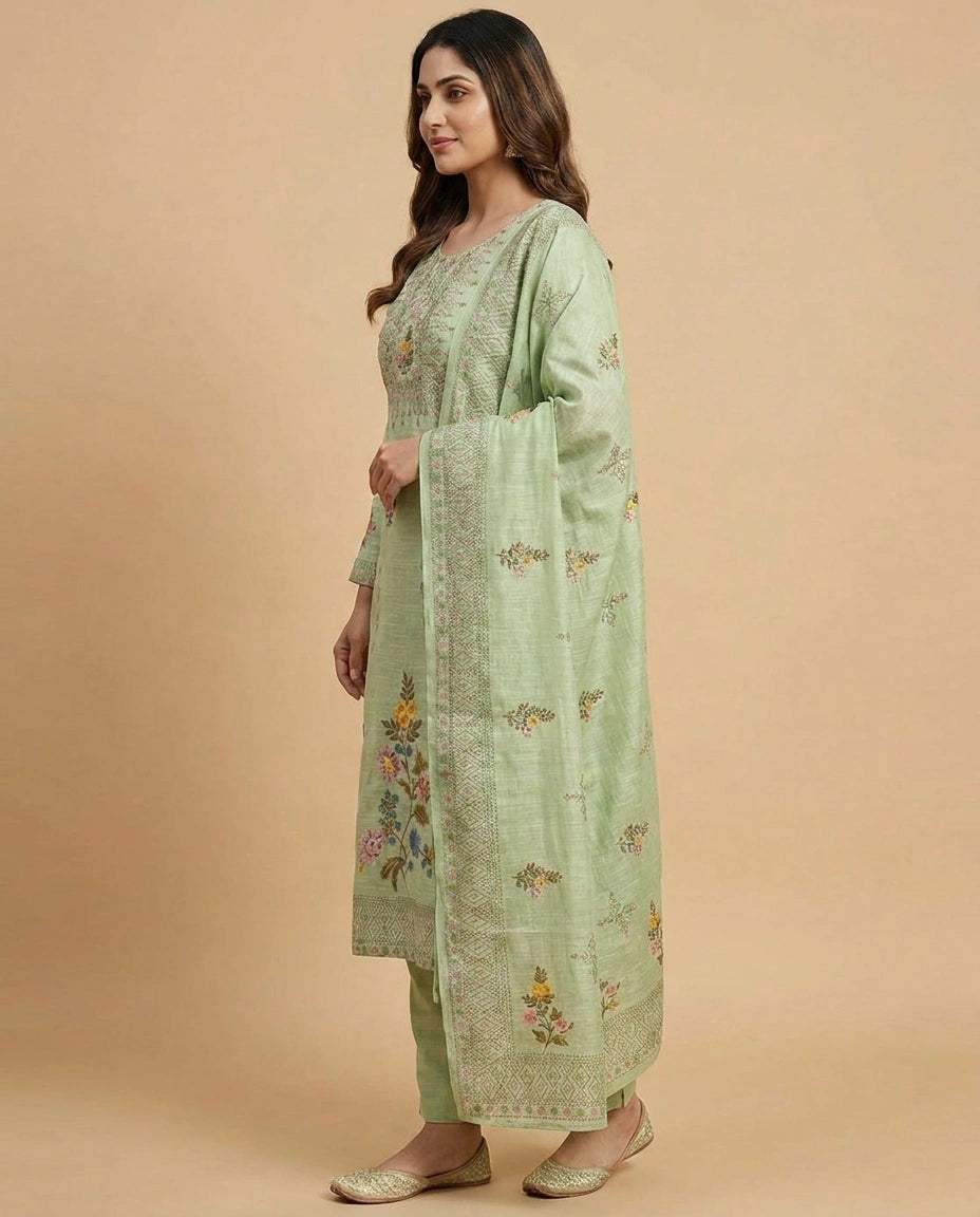 Embroidered Cotton Linen Straight Suit with Floral Motifs - Rangoli India