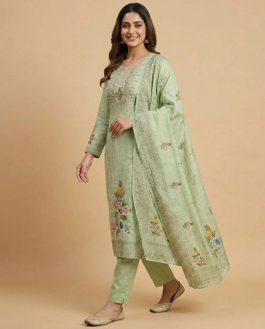 Embroidered Cotton Linen Straight Suit with Floral Motifs - Rangoli India