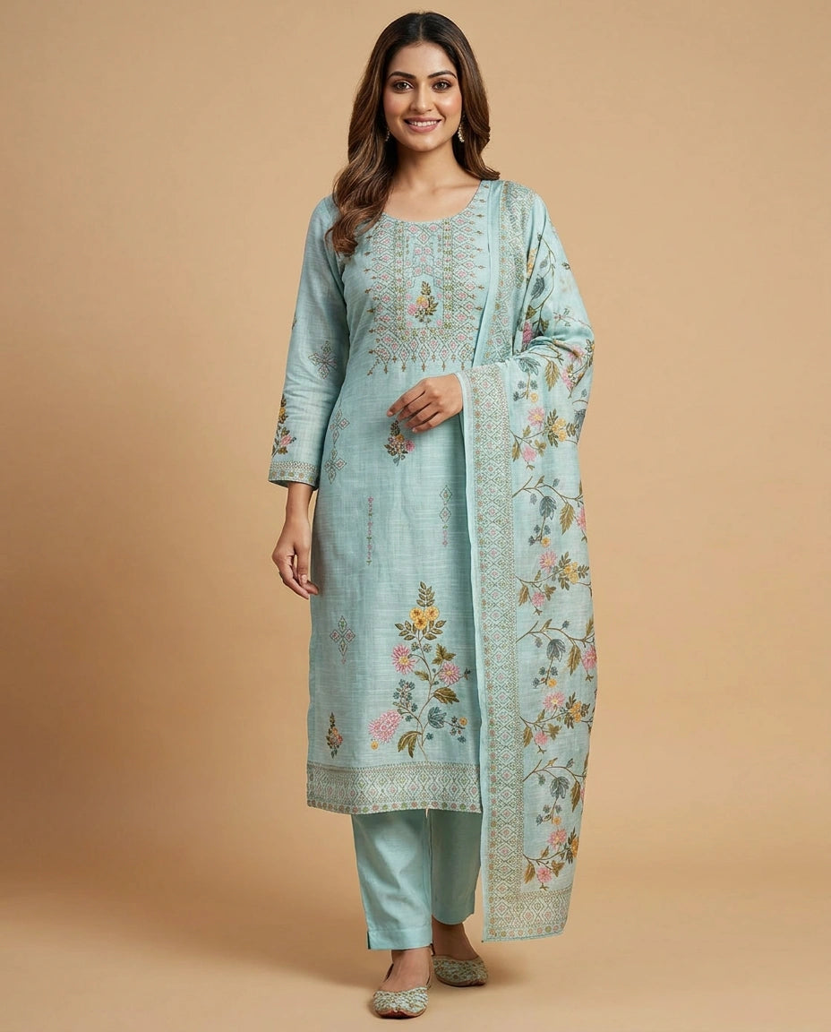 Embroidered Cotton Linen Straight Suit with Floral Motifs - Rangoli India