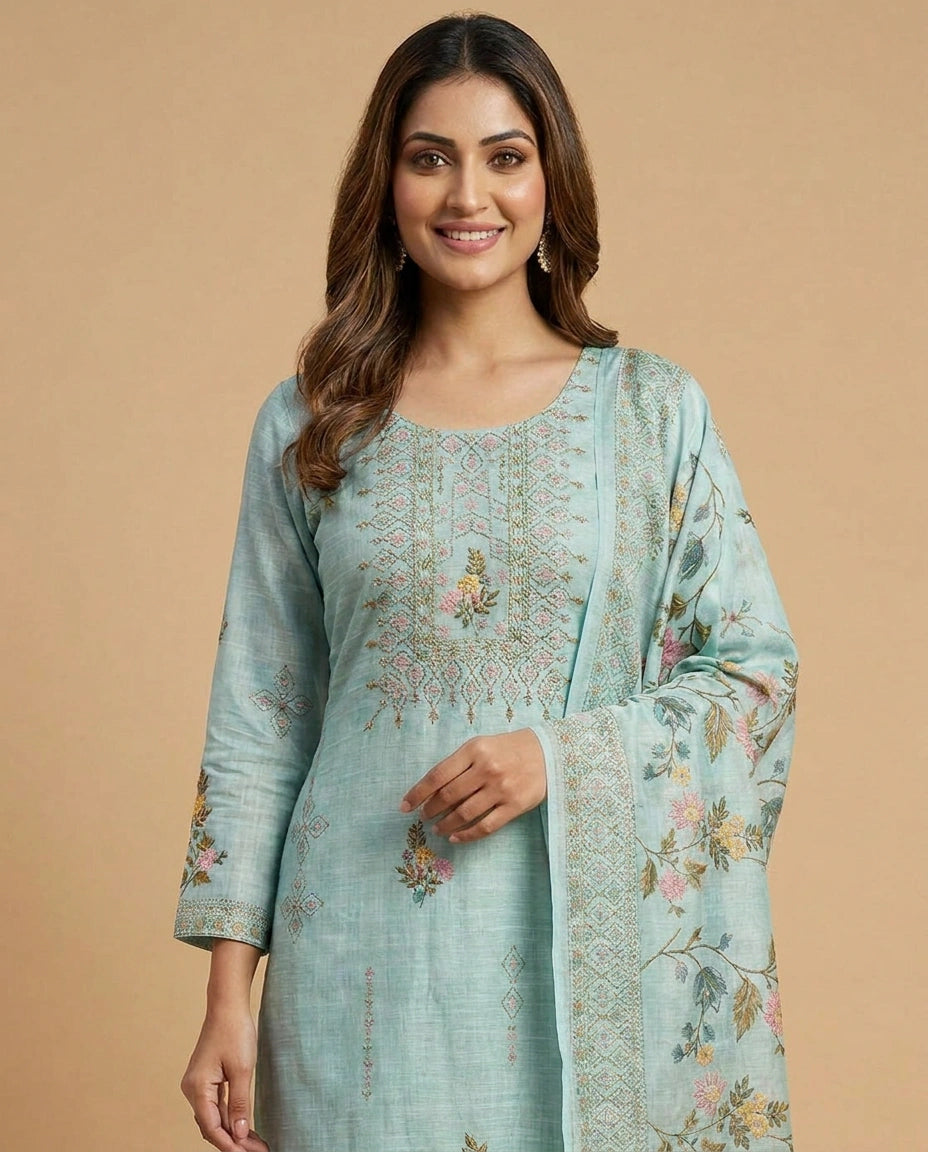 Embroidered Cotton Linen Straight Suit with Floral Motifs - Rangoli India