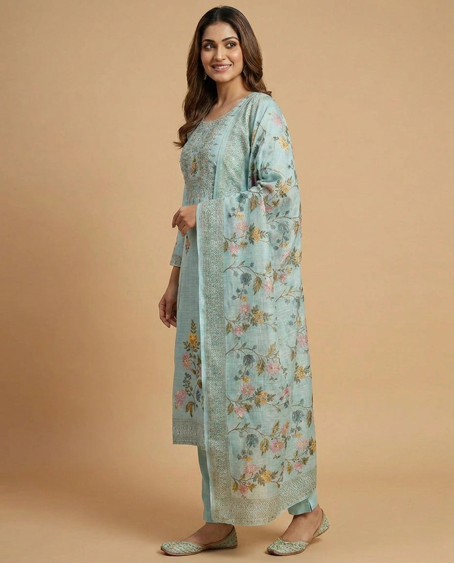 Embroidered Cotton Linen Straight Suit with Floral Motifs - Rangoli India