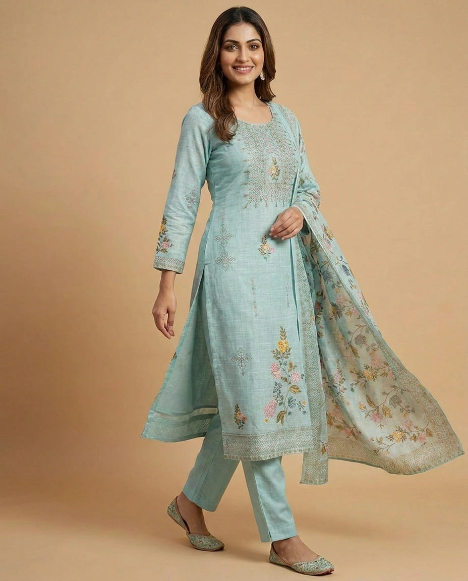 Embroidered Cotton Linen Straight Suit with Floral Motifs - Rangoli India