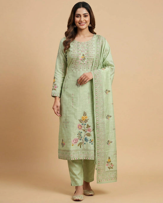 Embroidered Cotton Linen Straight Suit with Floral Motifs - Rangoli India