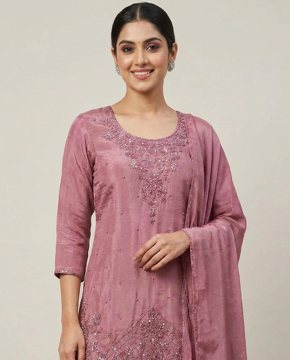 Chinon Palazzo Suit Hand Work Embroidery - Rangoli India