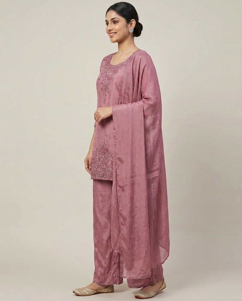 Chinon Palazzo Suit Hand Work Embroidery - Rangoli India