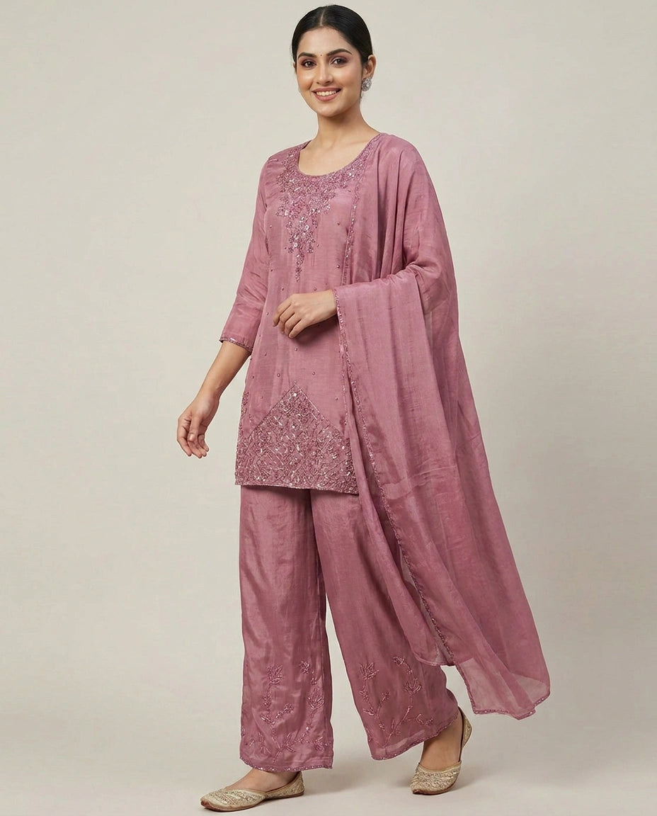 Chinon Palazzo Suit Hand Work Embroidery - Rangoli India
