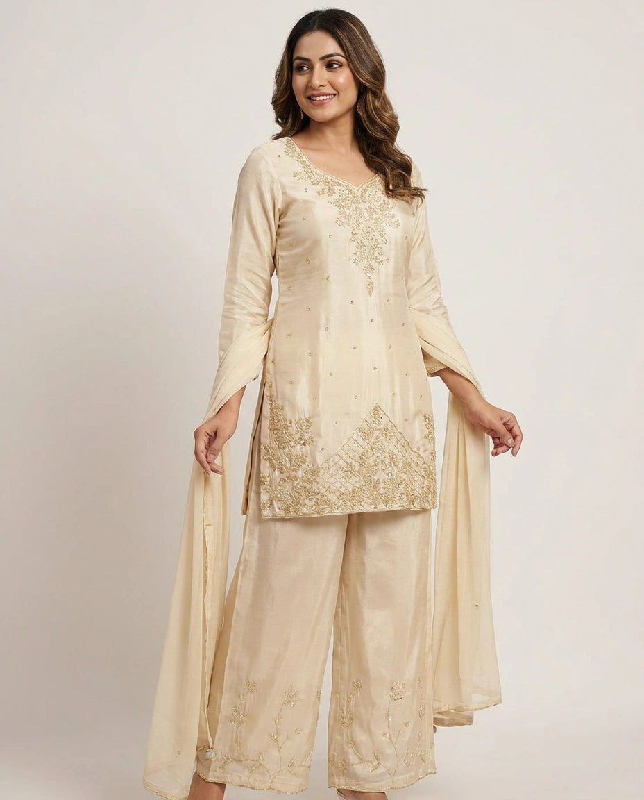 Chinon Palazzo Suit Hand Work Embroidery - Rangoli India