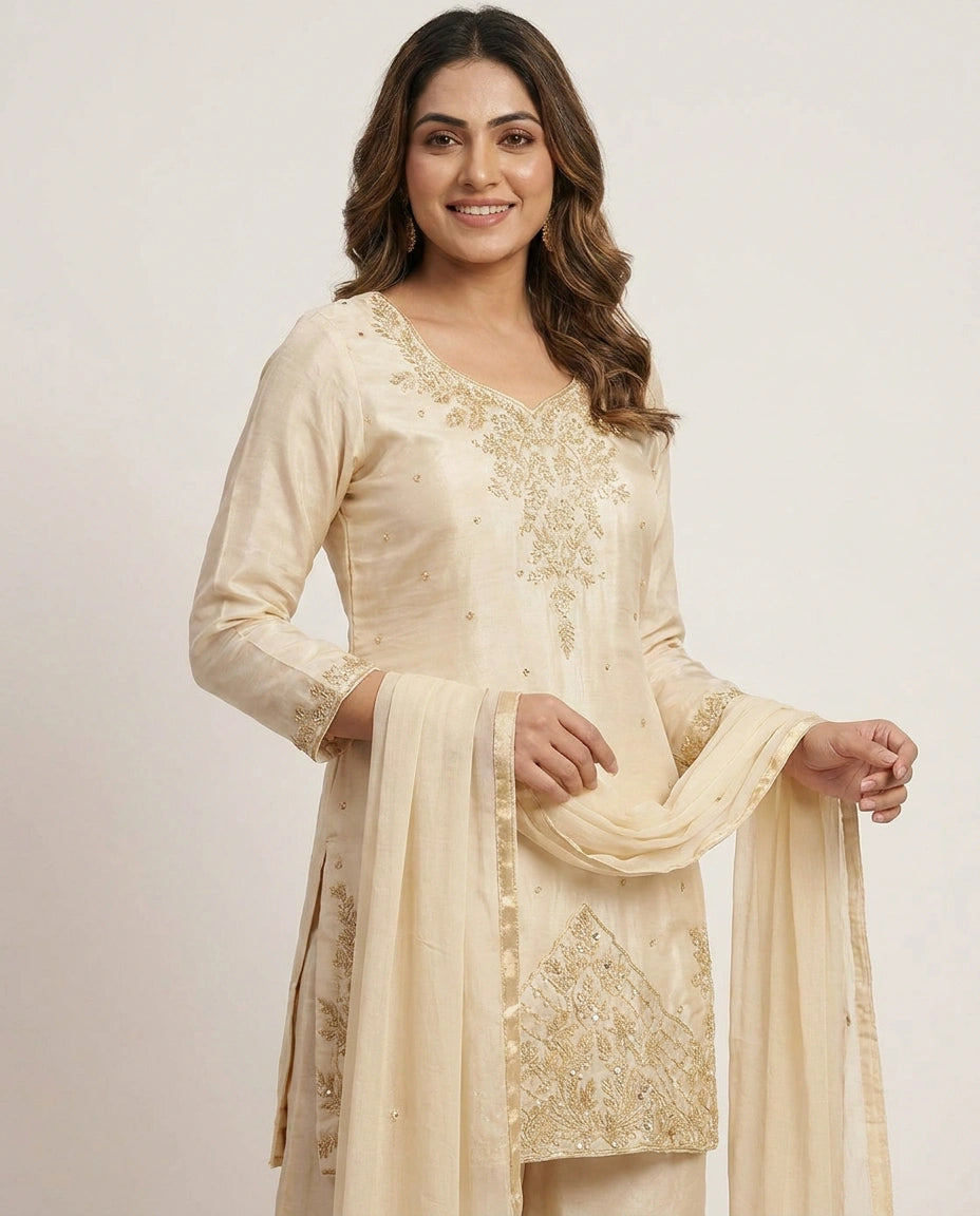 Chinon Palazzo Suit Hand Work Embroidery - Rangoli India