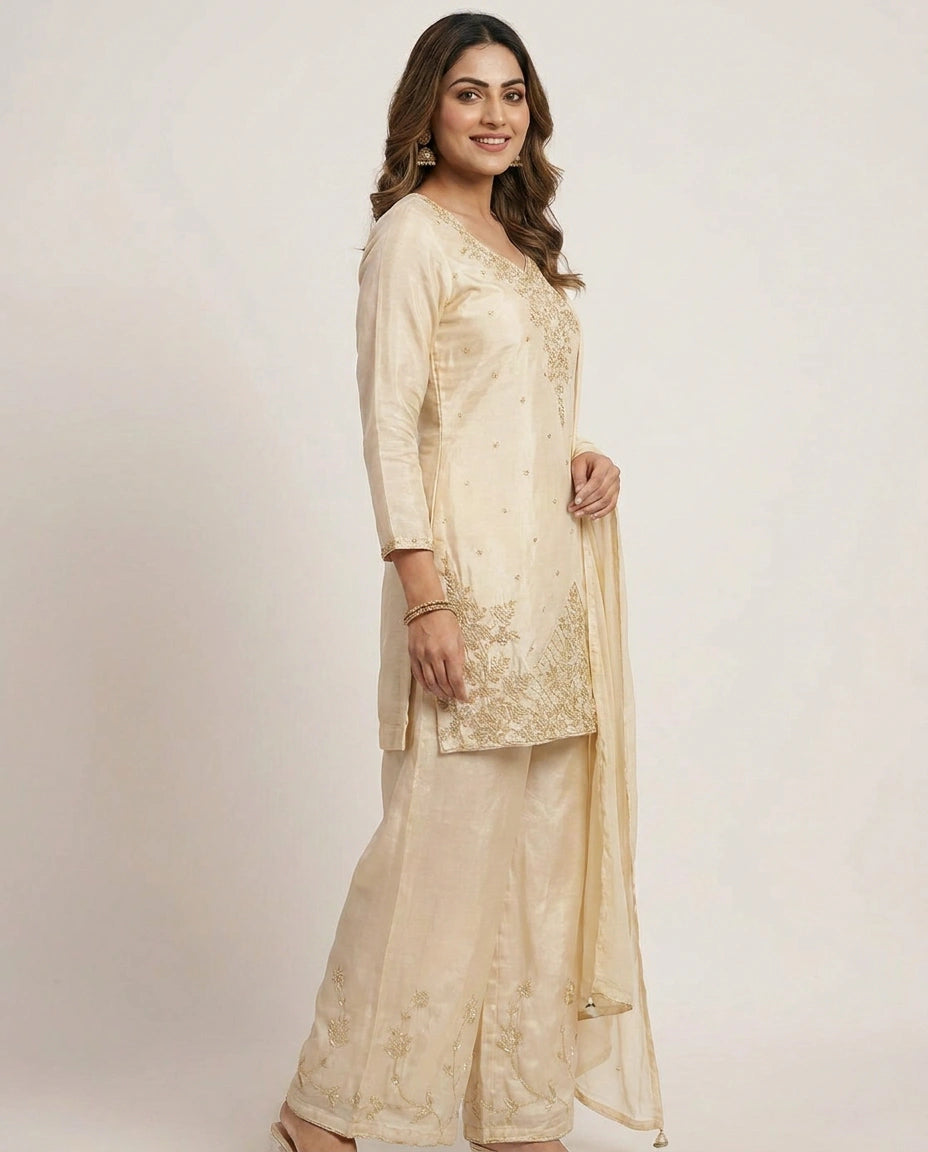 Chinon Palazzo Suit Hand Work Embroidery - Rangoli India