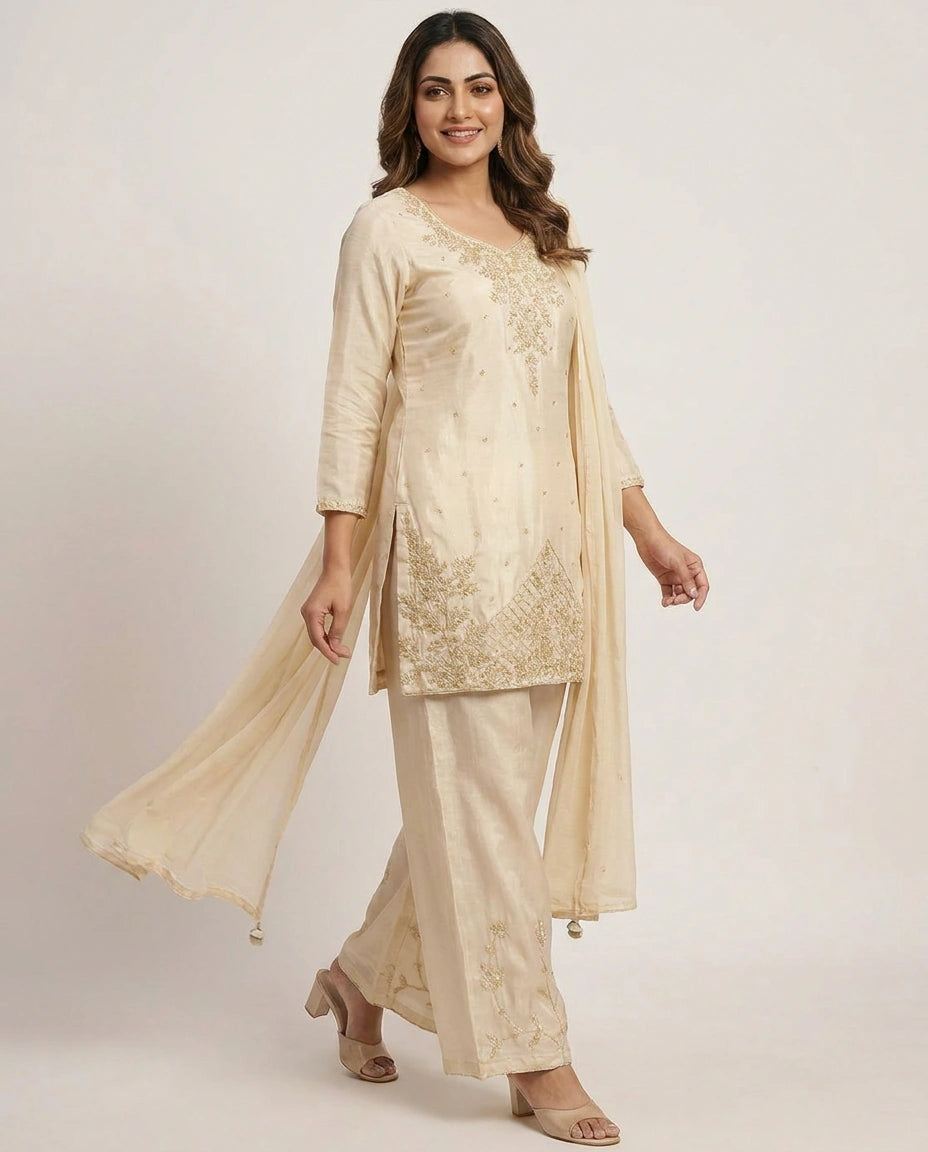 Chinon Palazzo Suit Hand Work Embroidery - Rangoli India