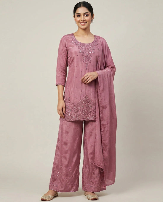 Chinon Palazzo Suit Hand Work Embroidery - Rangoli India