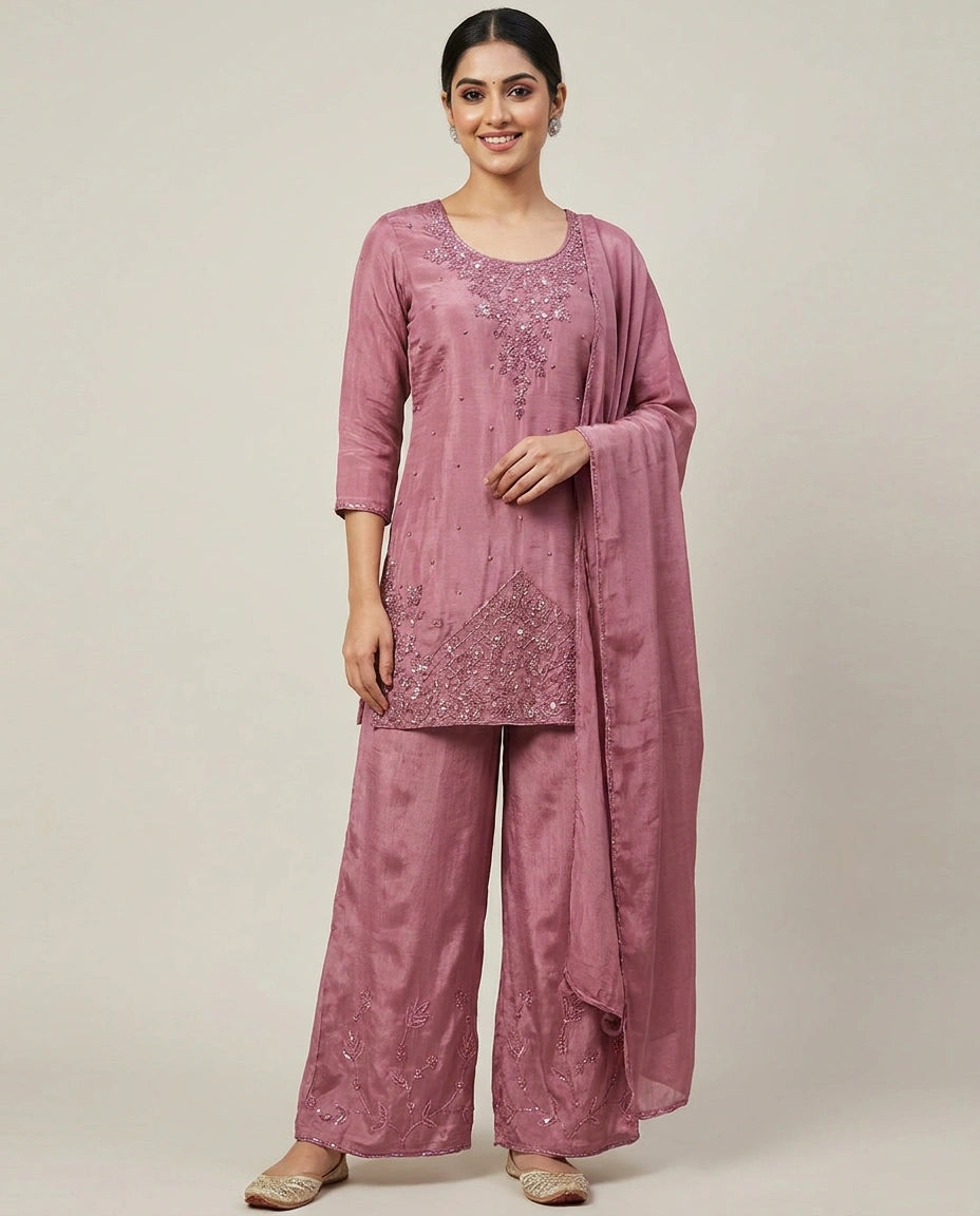 Chinon Palazzo Suit Hand Work Embroidery - Rangoli India