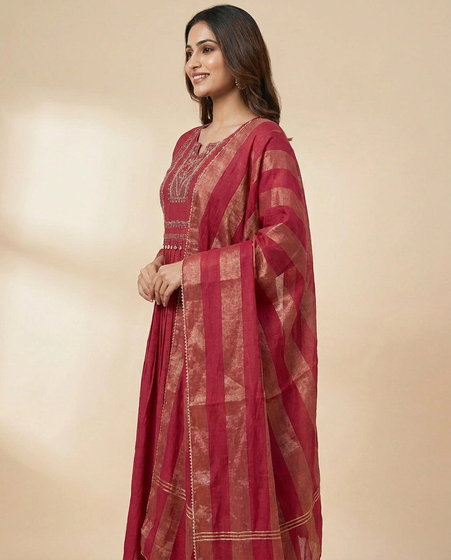 Cotton A-Line Suit With Embroidery - Rangoli India