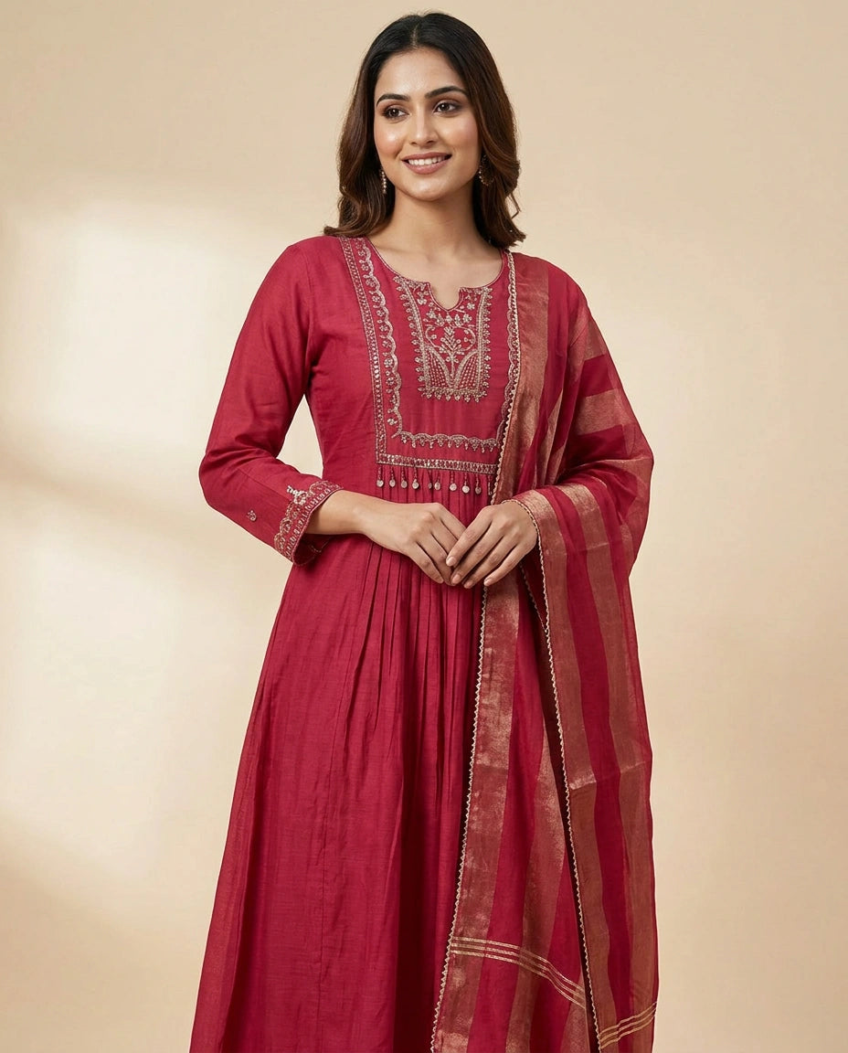 Cotton A-Line Suit With Embroidery - Rangoli India