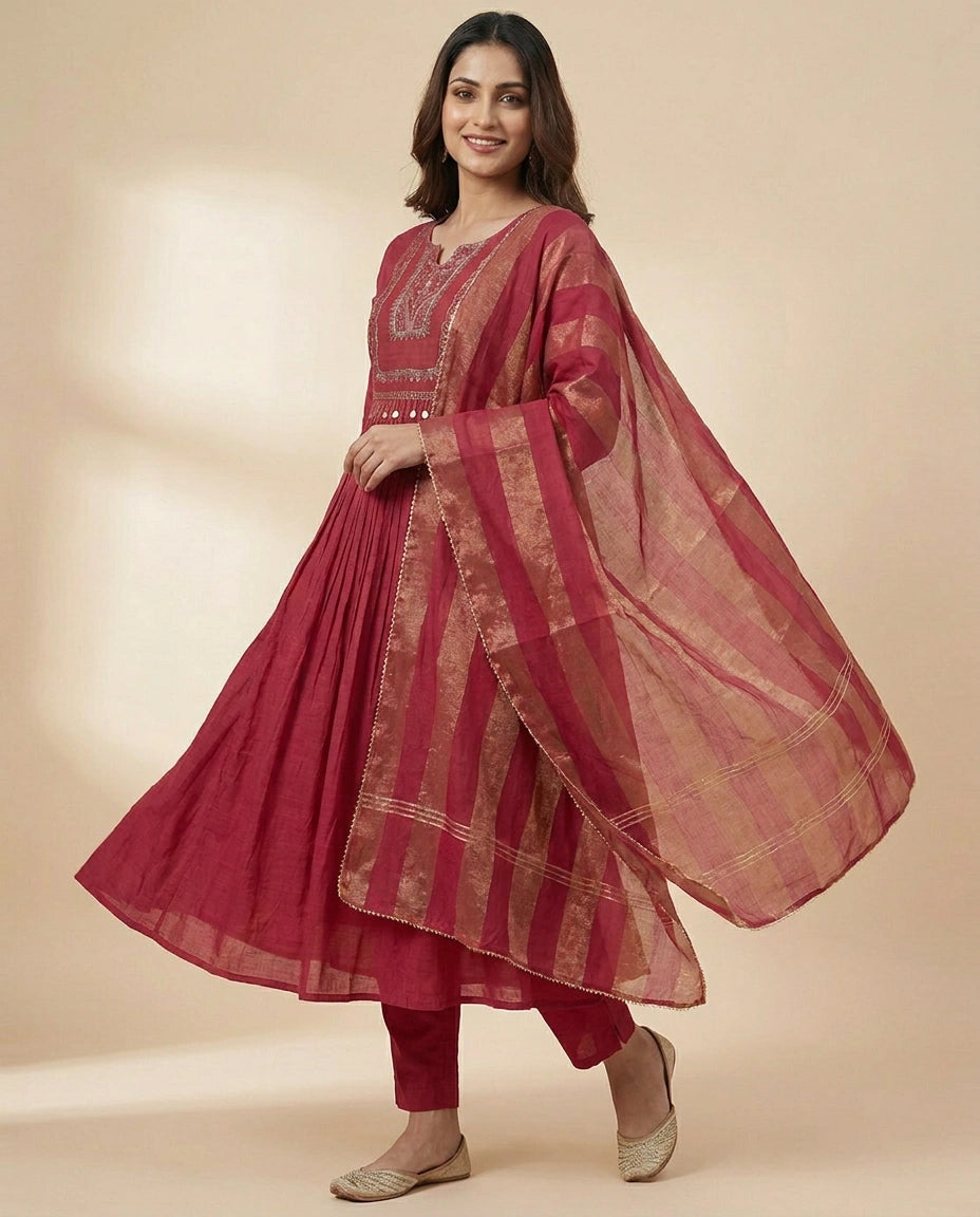 Cotton A-Line Suit With Embroidery - Rangoli India
