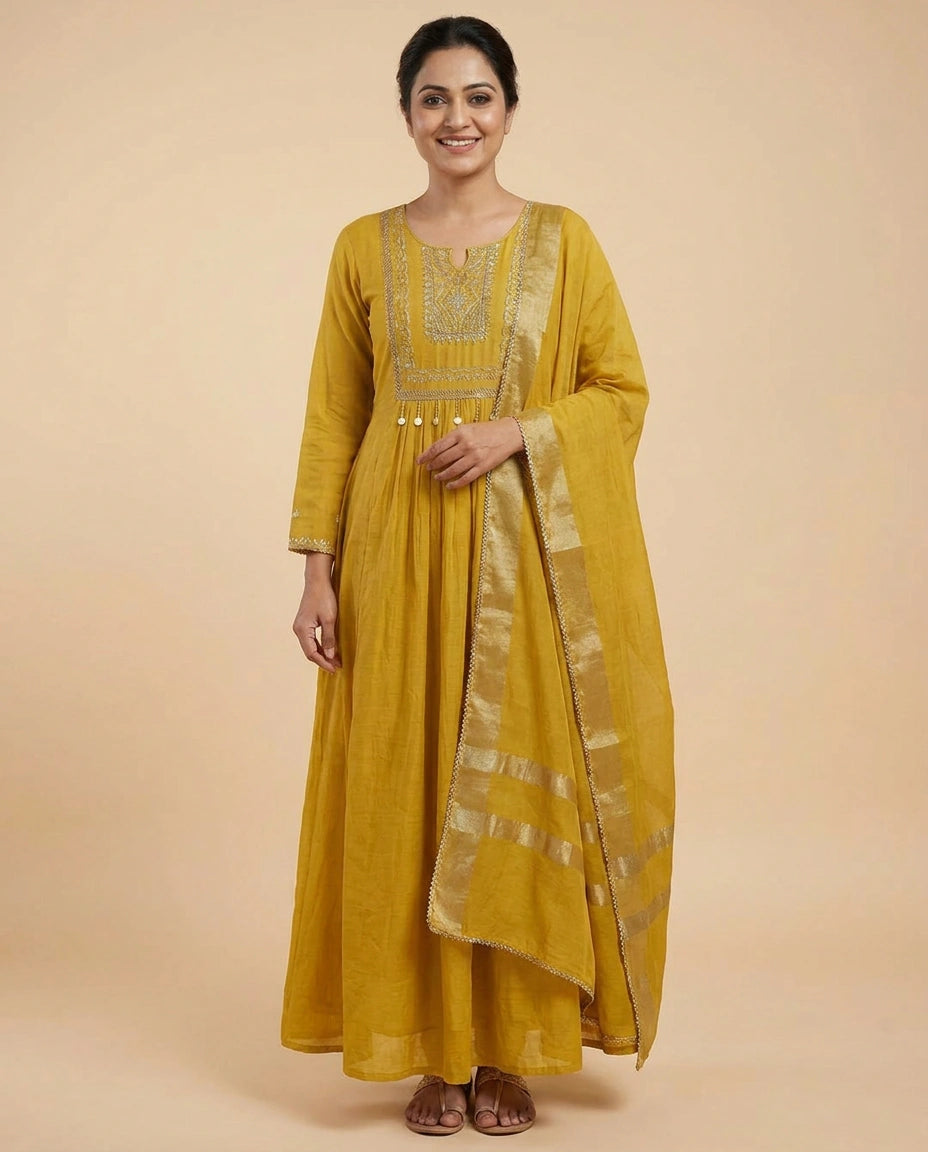 Cotton A-Line Suit With Embroidery - Rangoli India