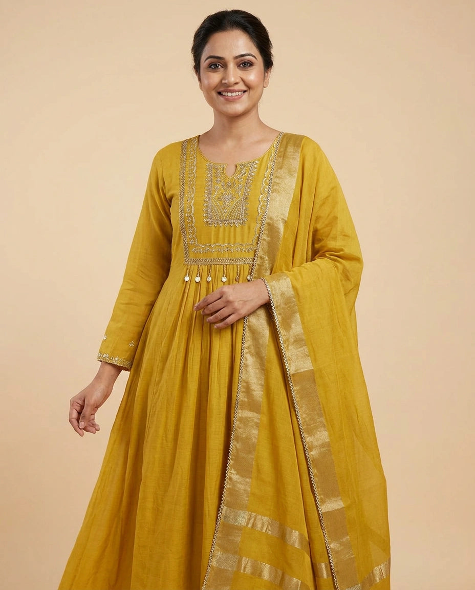 Cotton A-Line Suit With Embroidery - Rangoli India