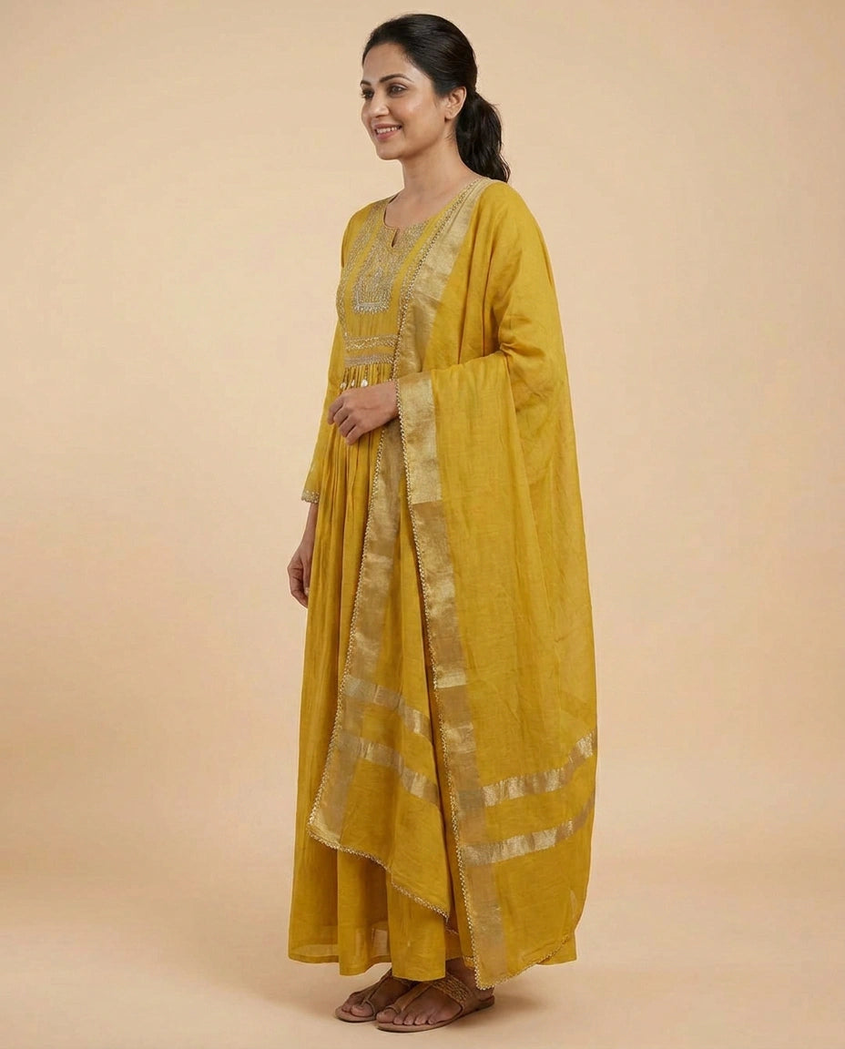 Cotton A-Line Suit With Embroidery - Rangoli India