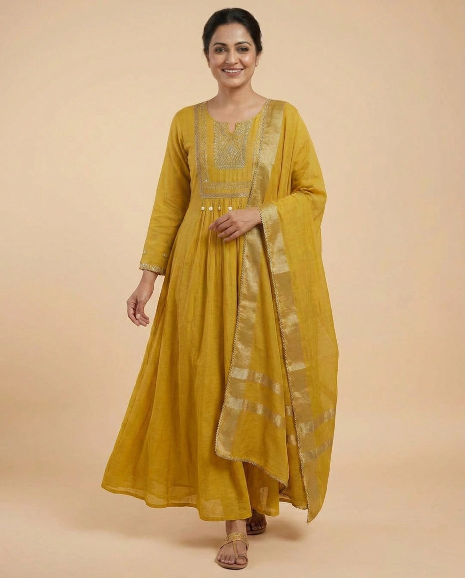 Cotton A-Line Suit With Embroidery - Rangoli India