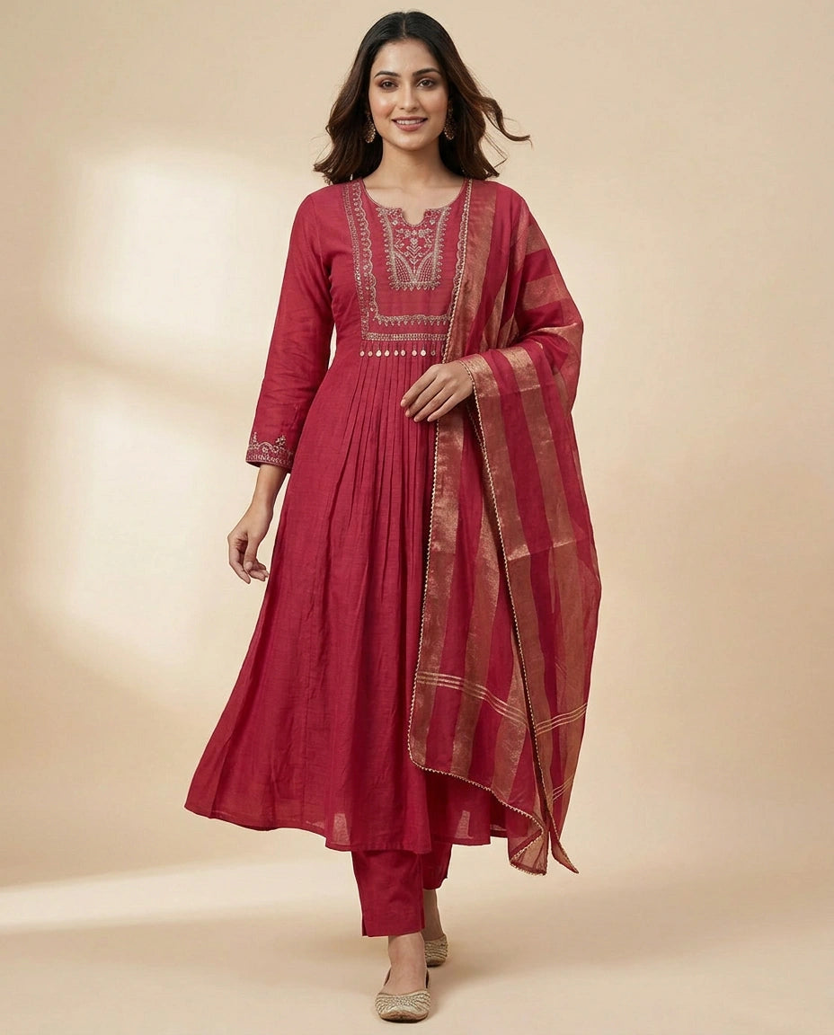 Cotton A-Line Suit With Embroidery - Rangoli India