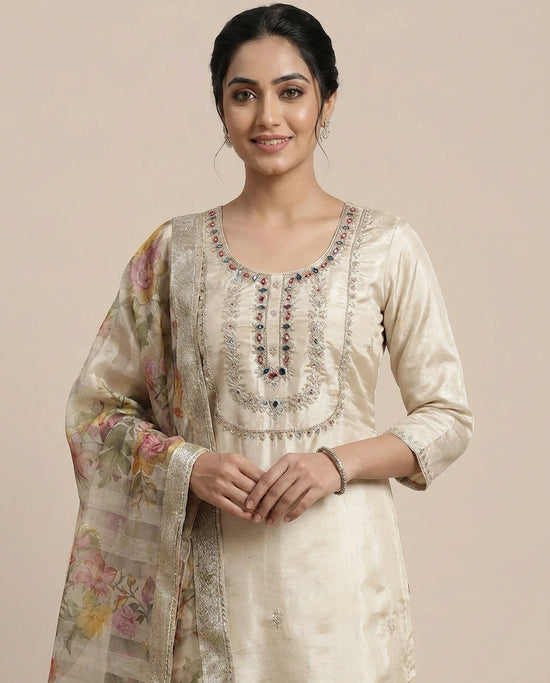 Off White Tissue Straight Suit  - Rangoli India