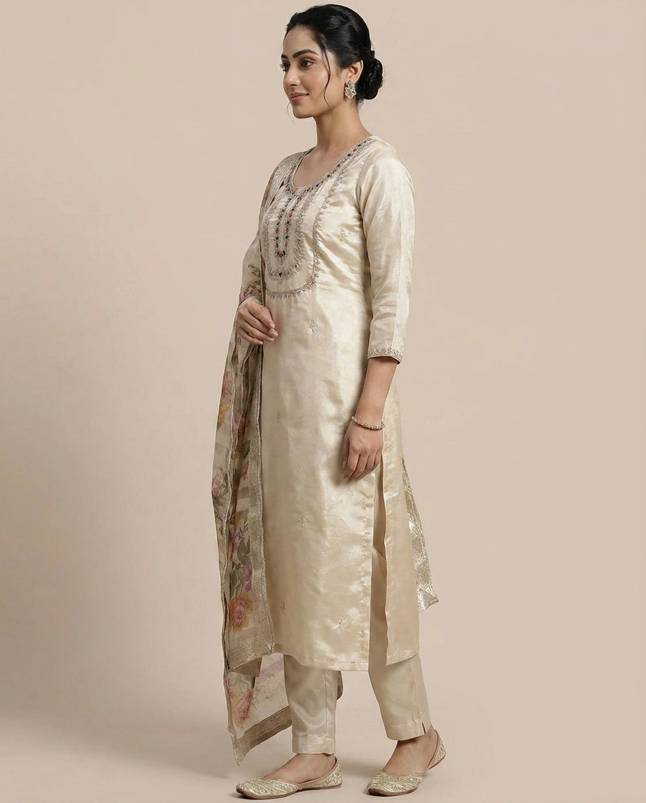 Off White Tissue Straight Suit  - Rangoli India
