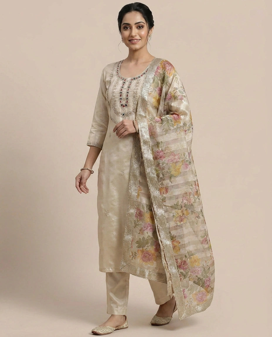 Off White Tissue Straight Suit  - Rangoli India