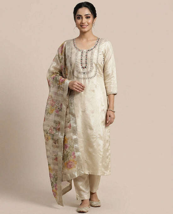 Off White Tissue Straight Suit  - Rangoli India