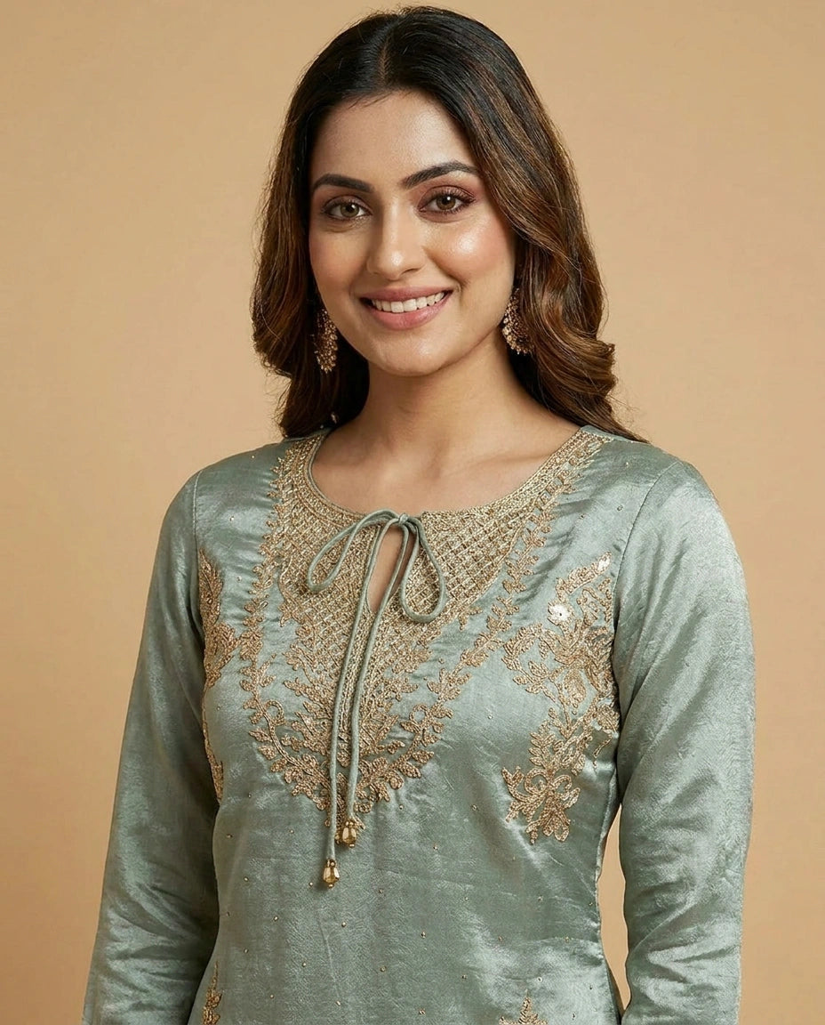 Tissue Sharara Suit with Resham Thread Embroidery Online India - Rangoli India