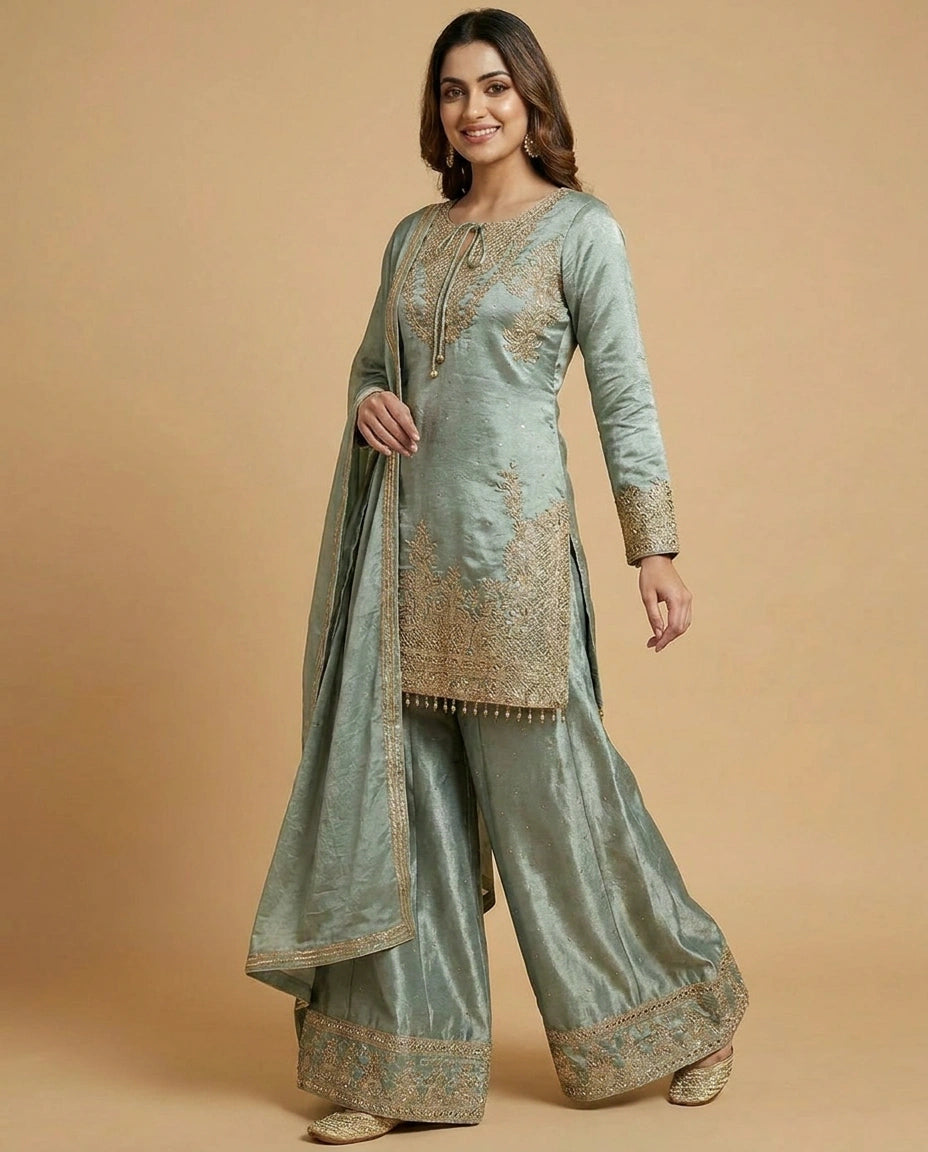 Tissue Sharara Suit with Resham Thread Embroidery Online India - Rangoli India