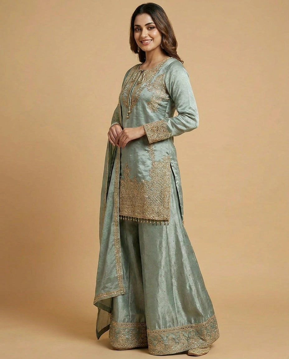Tissue Sharara Suit with Resham Thread Embroidery Online India - Rangoli India