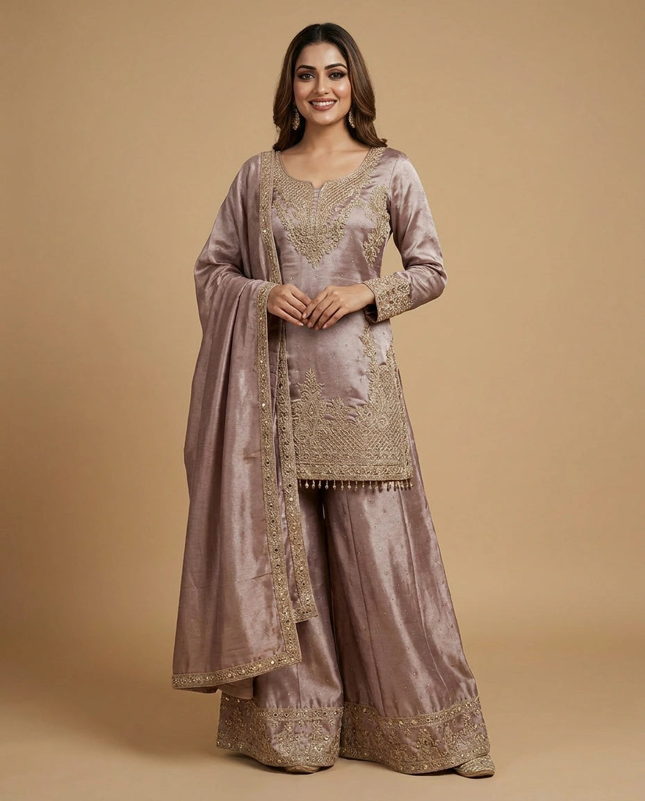 Tissue Sharara Suit with Resham Thread Embroidery Online India - Rangoli India
