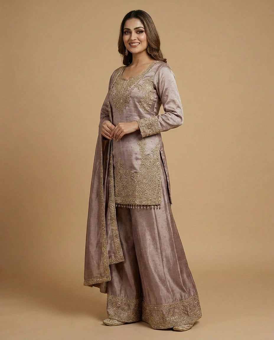 Tissue Sharara Suit with Resham Thread Embroidery Online India - Rangoli India