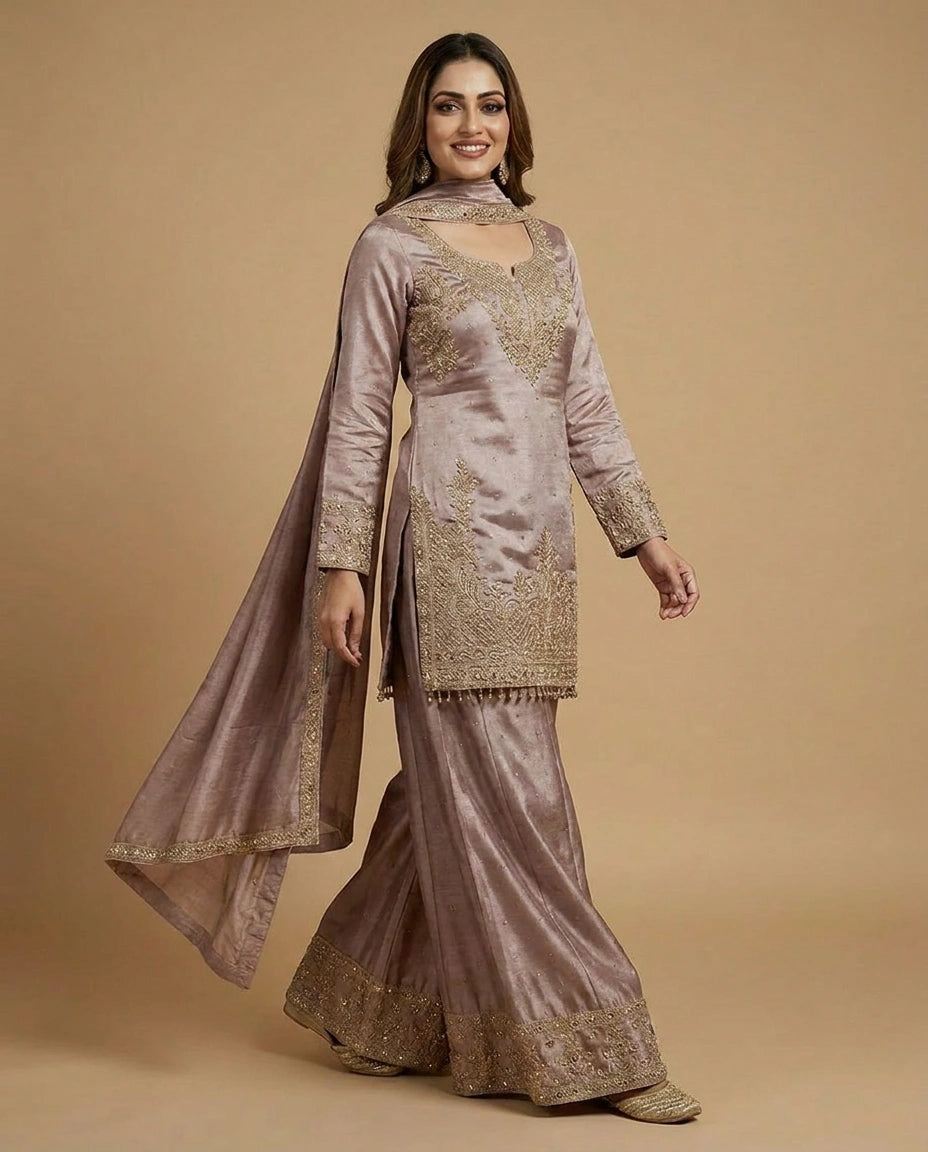 Tissue Sharara Suit with Resham Thread Embroidery Online India - Rangoli India
