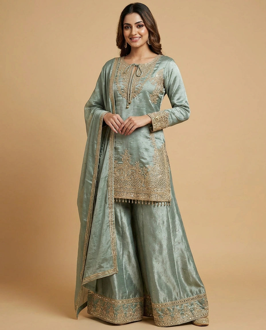 Tissue Sharara Suit with Resham Thread Embroidery Online India - Rangoli India