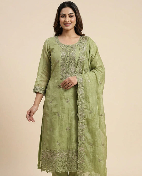 Fandy Tissue Straight Suit With Embroidery - Rangoli India