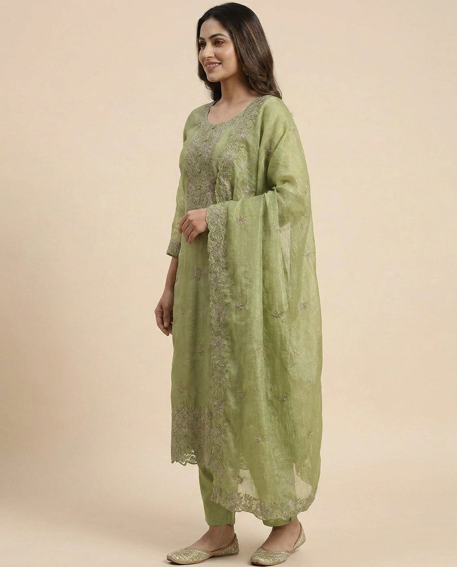 Fandy Tissue Straight Suit With Embroidery - Rangoli India