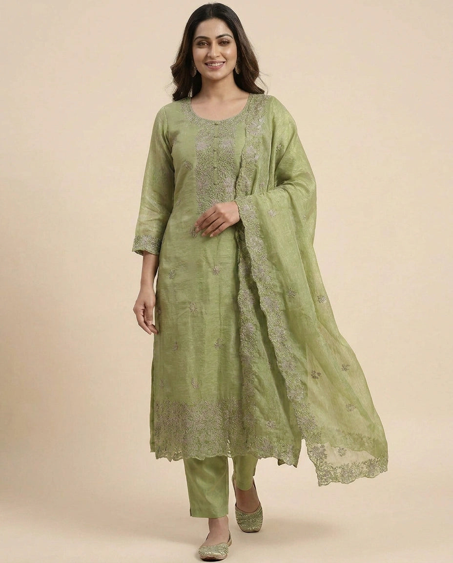 Fandy Tissue Straight Suit With Embroidery - Rangoli India