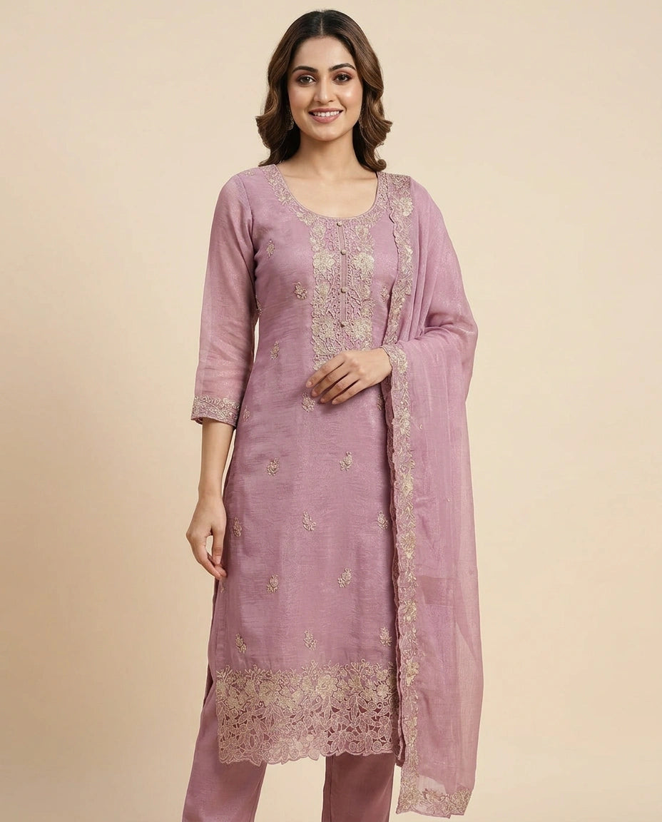 Fandy Tissue Straight Suit With Embroidery - Rangoli India