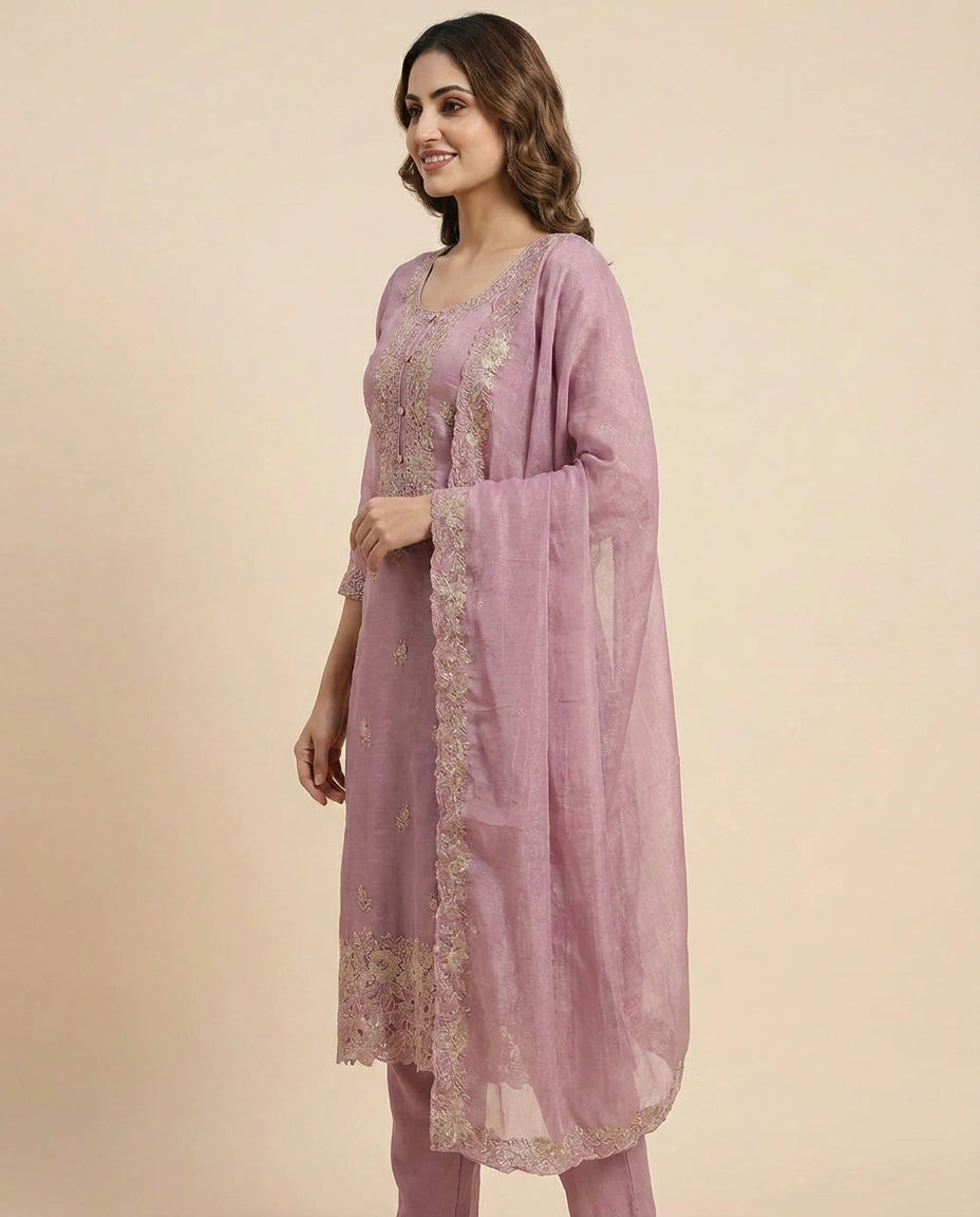 Fandy Tissue Straight Suit With Embroidery - Rangoli India