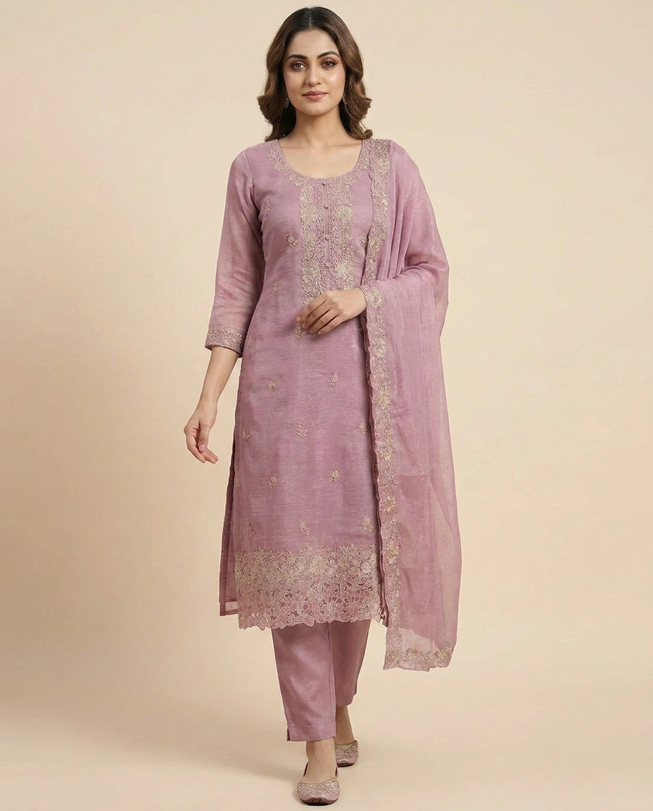Fandy Tissue Straight Suit With Embroidery - Rangoli India
