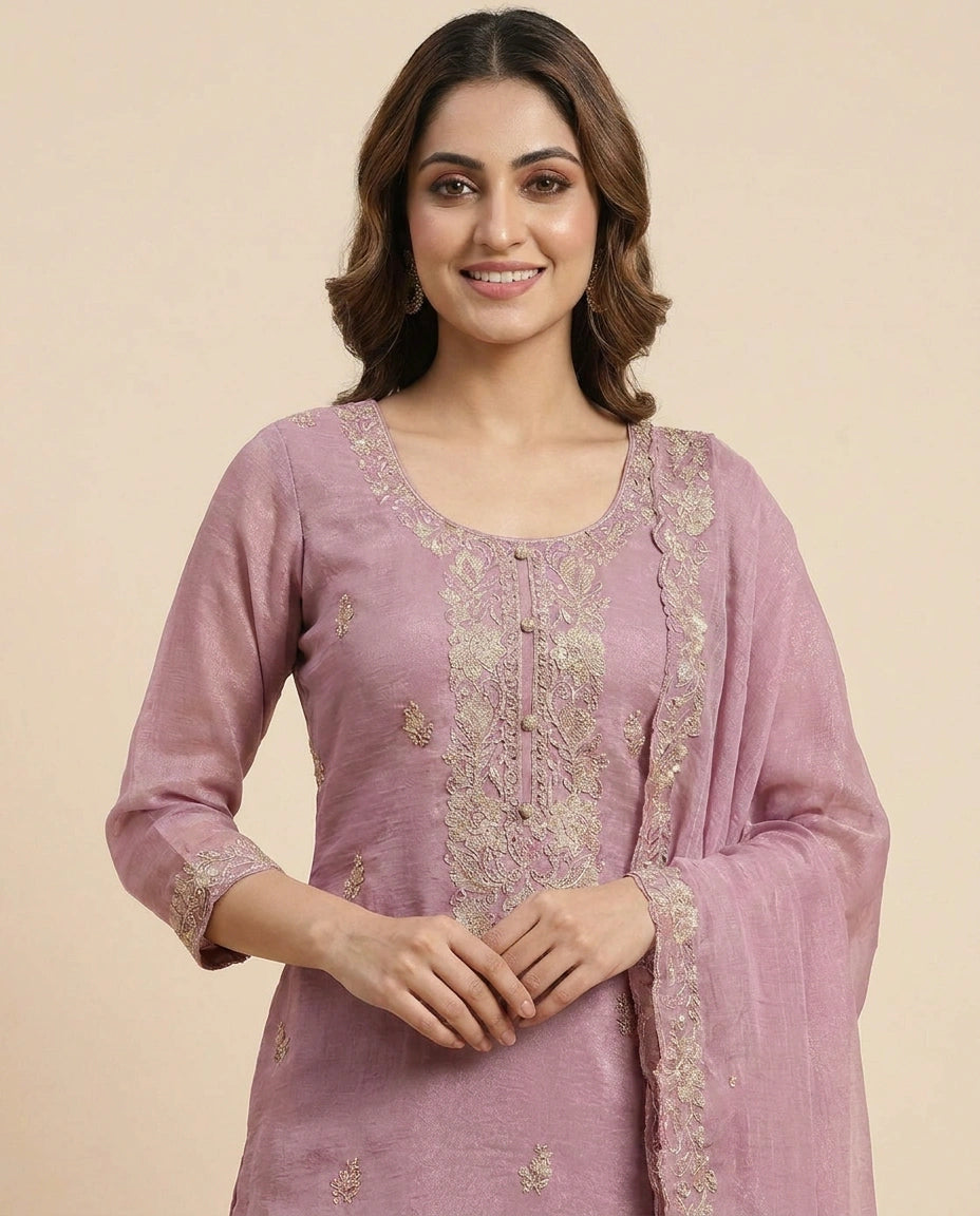 Fandy Tissue Straight Suit With Embroidery - Rangoli India