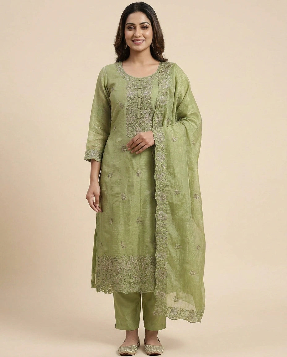 Fandy Tissue Straight Suit With Embroidery - Rangoli India