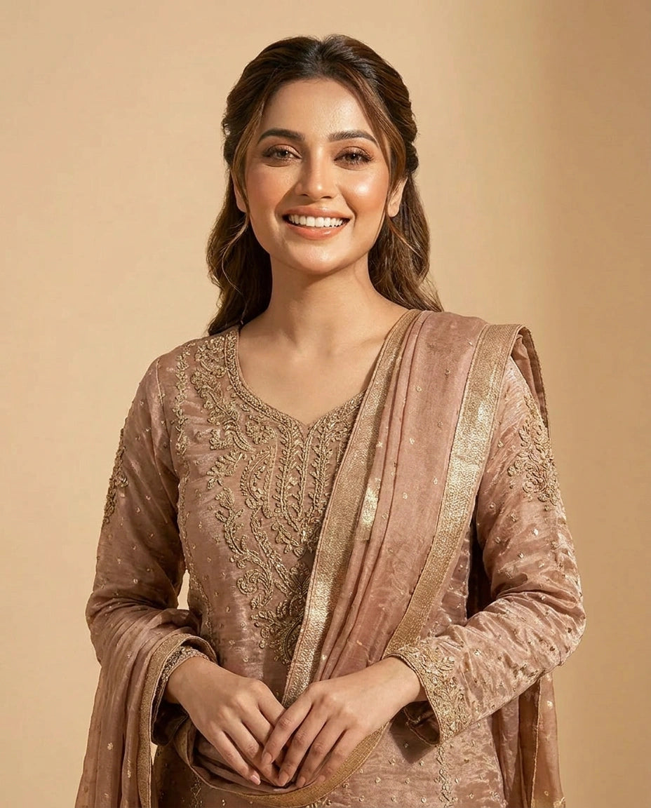 Peach Tissue Sharara Suit with Embroidered Detail - Rangoli India