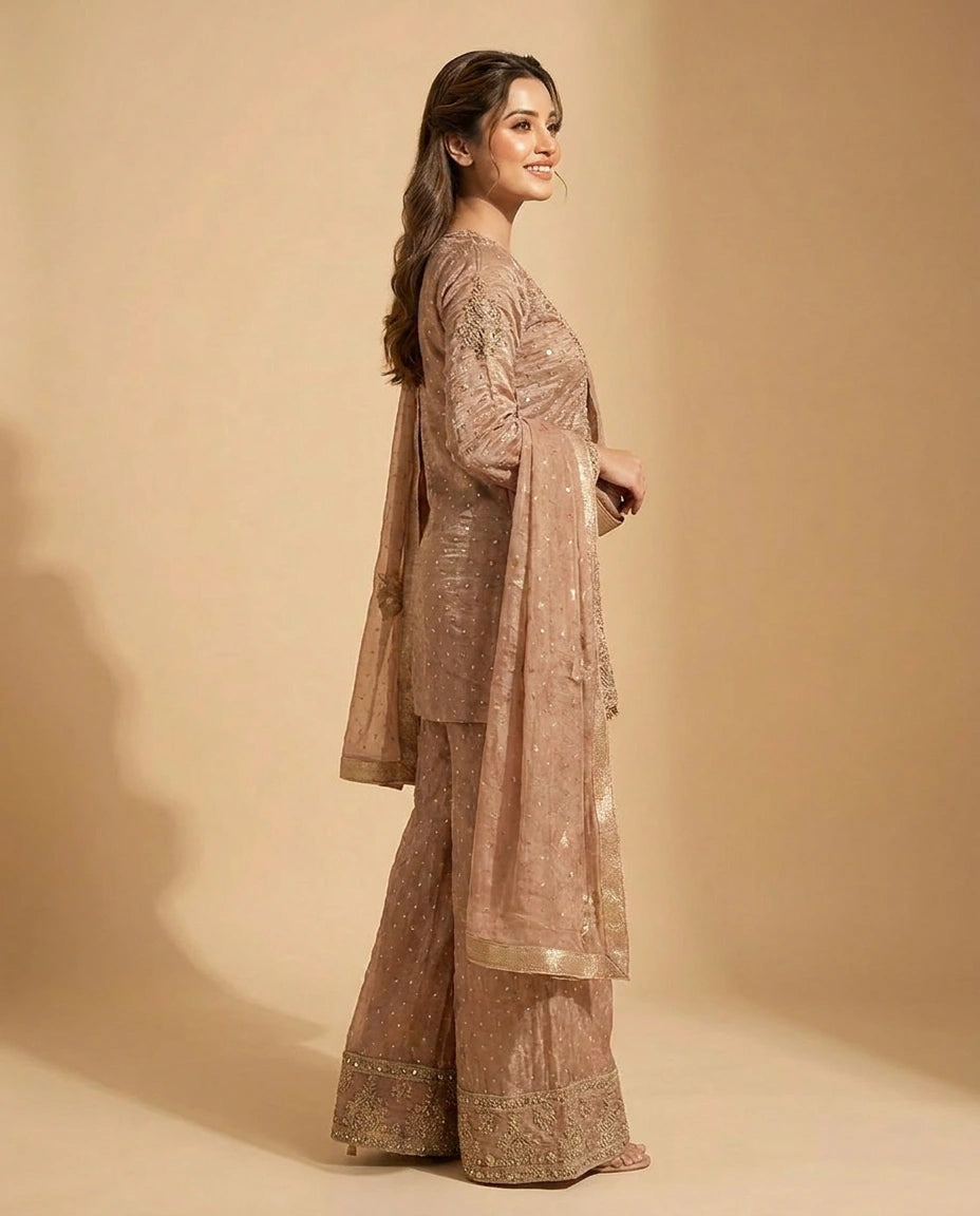 Peach Tissue Sharara Suit with Embroidered Detail - Rangoli India