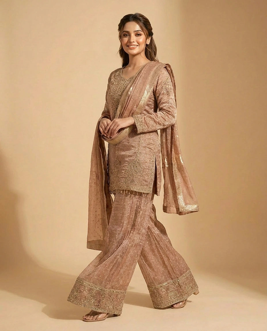 Peach Tissue Sharara Suit with Embroidered Detail - Rangoli India