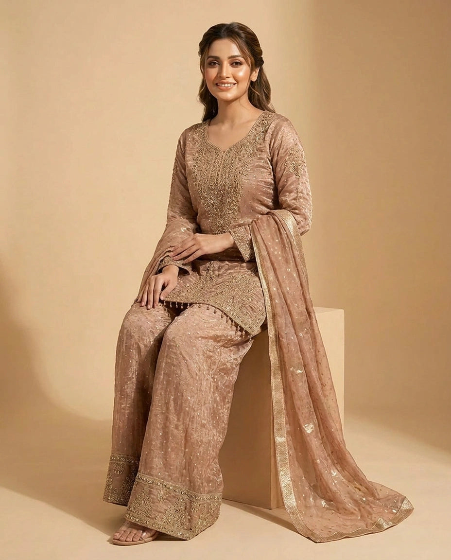 Peach Tissue Sharara Suit with Embroidered Detail - Rangoli India